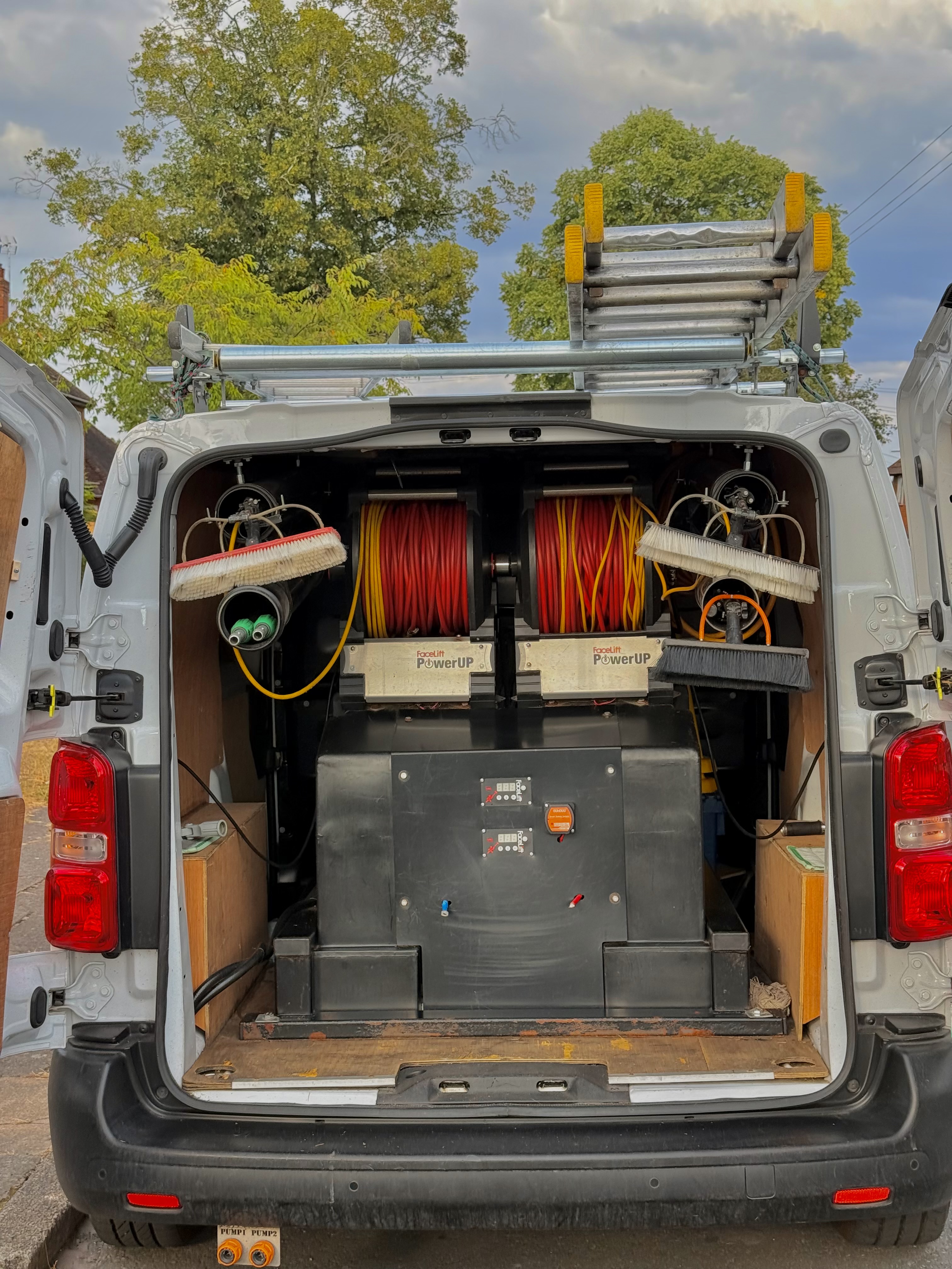 Van-mounted professional reach-and-wash cleaning system